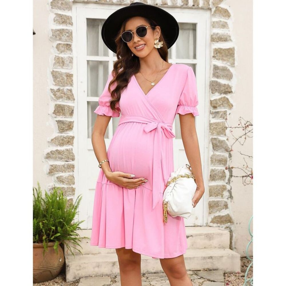 Women's Maternity Puff Sleeve Tie Waist Midi Dress Pink X-Large